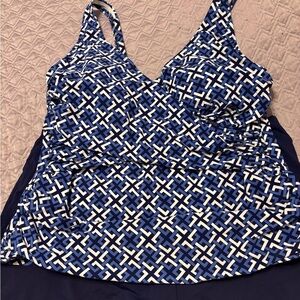 Lands' End Navy and White Geometric Tankini Swim Top